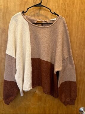 Blu Pepper Neutral Colorblock Crewneck Sweater - Cream, Taupe & Brown